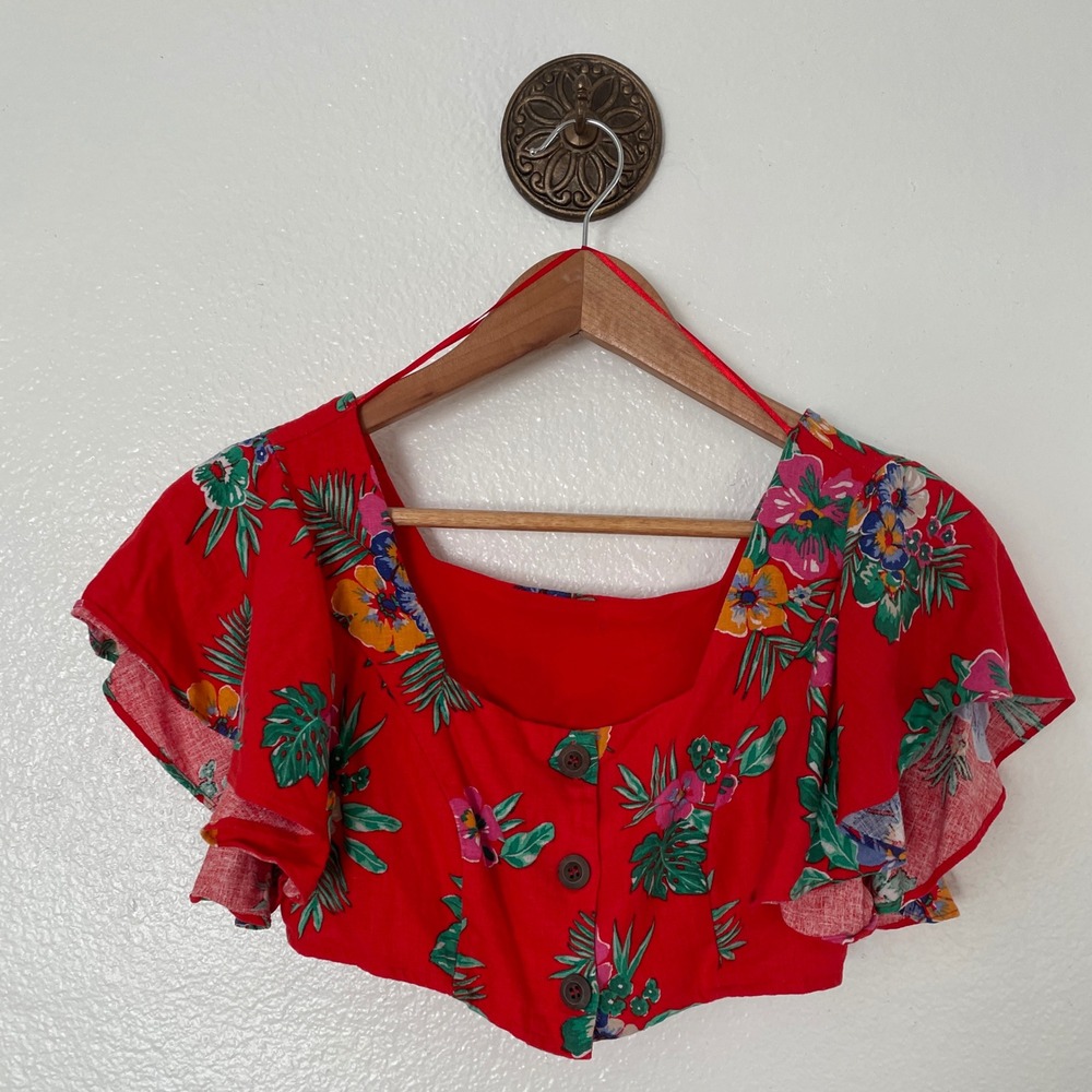 Francesca's Mi Ami Red Tropical Floral Linen Blend Flutter Sleeve Crop Top XS
